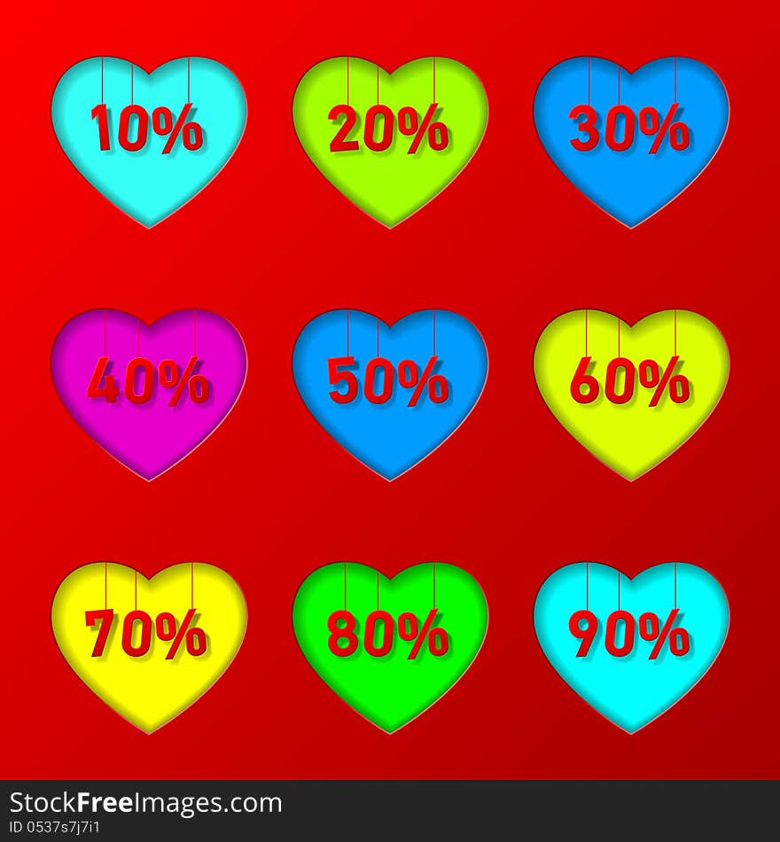 Percentages hanging in heart shape holes. Percentages hanging in heart shape holes