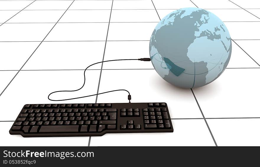 Keyboard connected to planet earth in 3d. Keyboard connected to planet earth in 3d