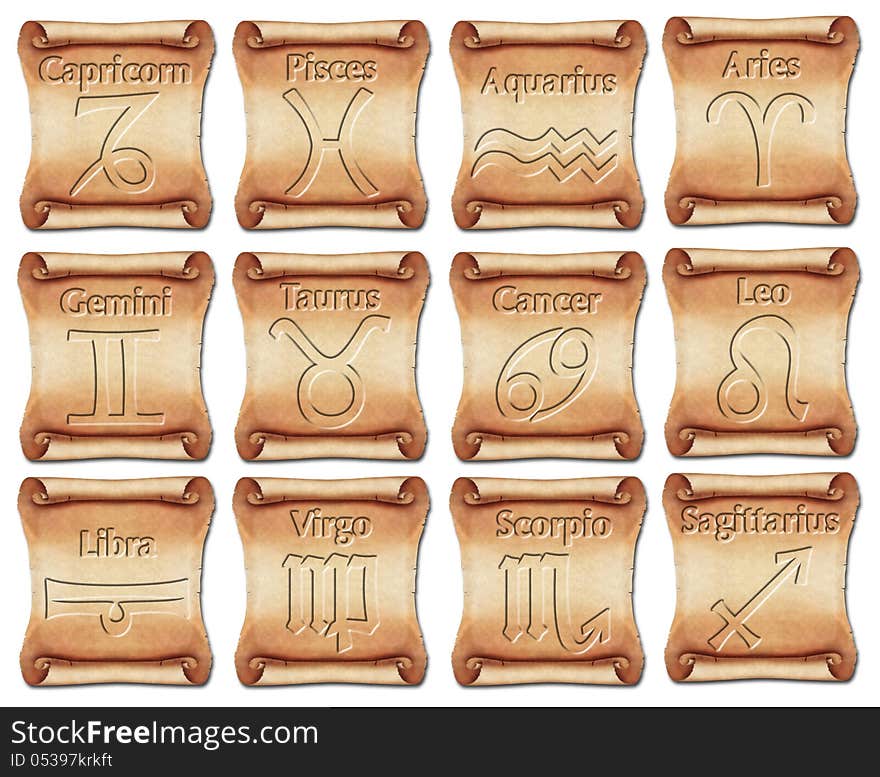 Set Of Zodiac Symbols On Ancient Scrolls