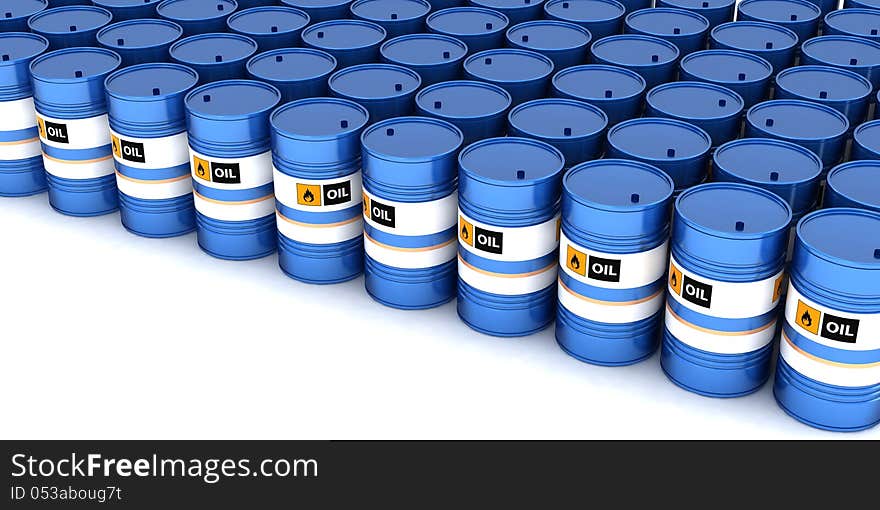 Blue barrels with oil on white background