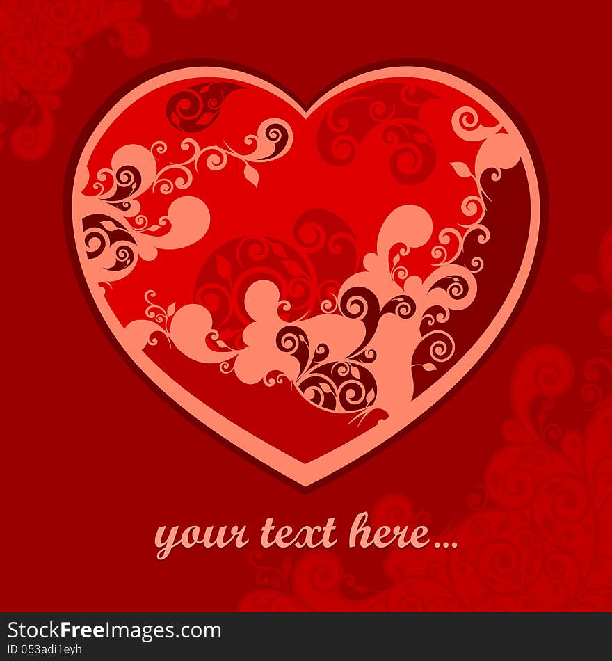 Pattern with floral ornament heart on red & text, Valentine Day vector illustration. Pattern with floral ornament heart on red & text, Valentine Day vector illustration