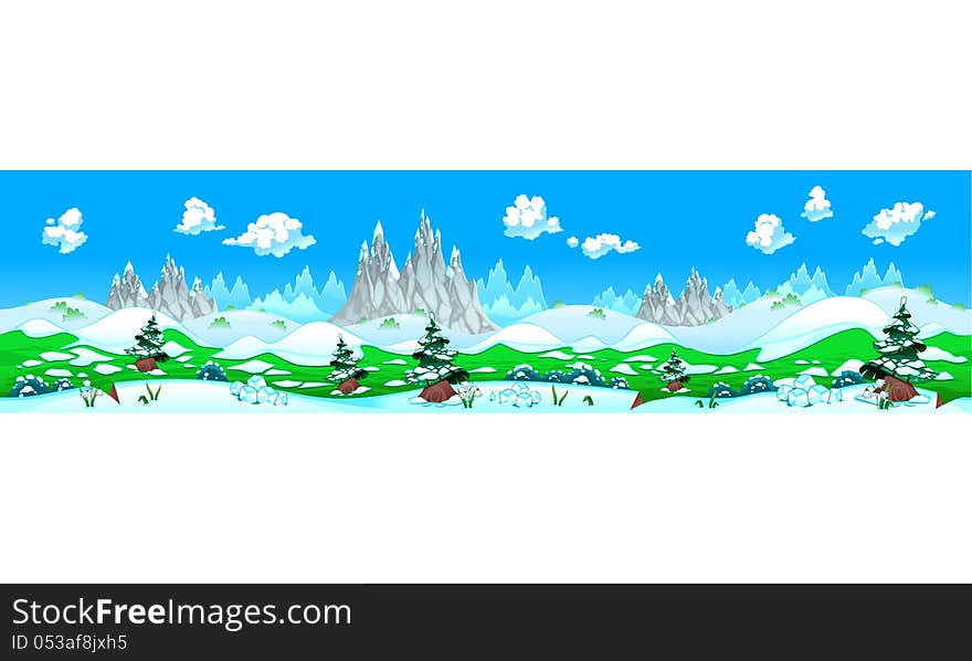 Landscape with snow and mountains. Vector illustration with measures: 6144x1536 pixels, adaptable to iPad screen. The sides repeat seamlessly for a possible, continuous animation.