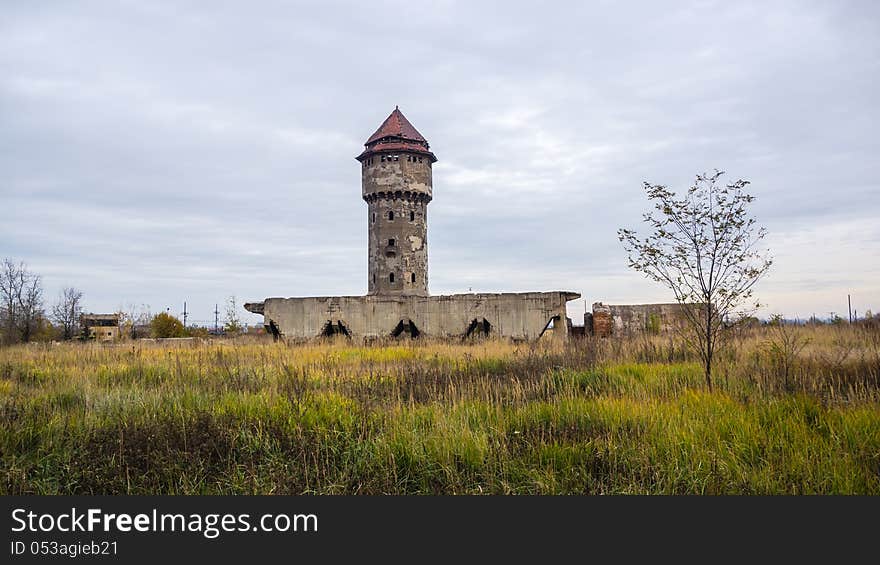 Water tower in former, devastated Uthemann Ironwork in Katowice, Silesia region, Poland.