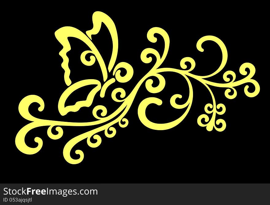 Abstract yellow butterfly designs with swirled branch  on black background. Abstract yellow butterfly designs with swirled branch  on black background