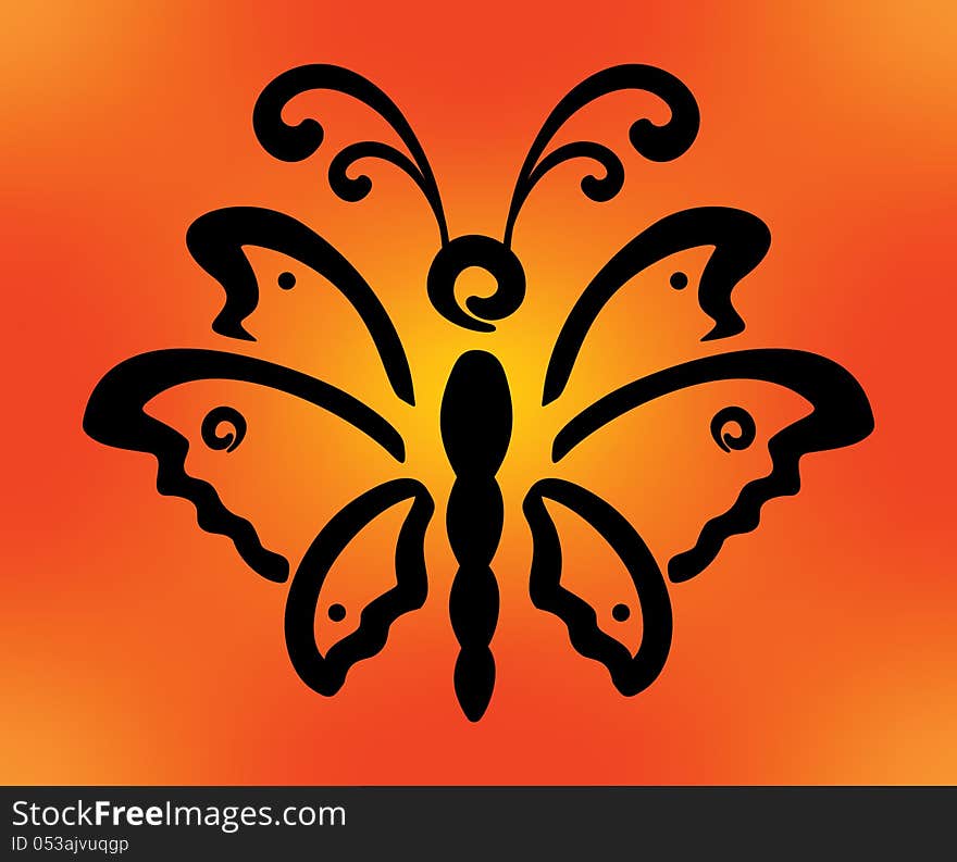 Abstract black butterfly designsorange background. Abstract black butterfly designsorange background