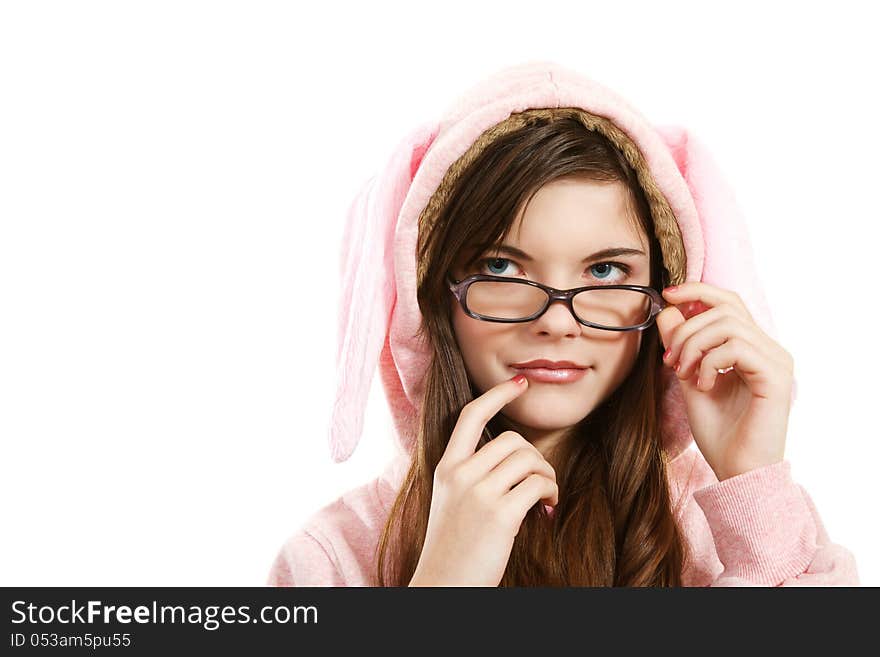 Portrait of teenage girl wearing glasses, smiling benevolently. Portrait of teenage girl wearing glasses, smiling benevolently