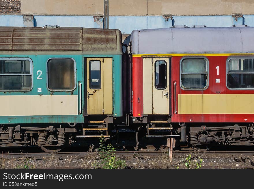 Old train waiting for scrapping on the side track in Katowice, Silesia region, Poland.