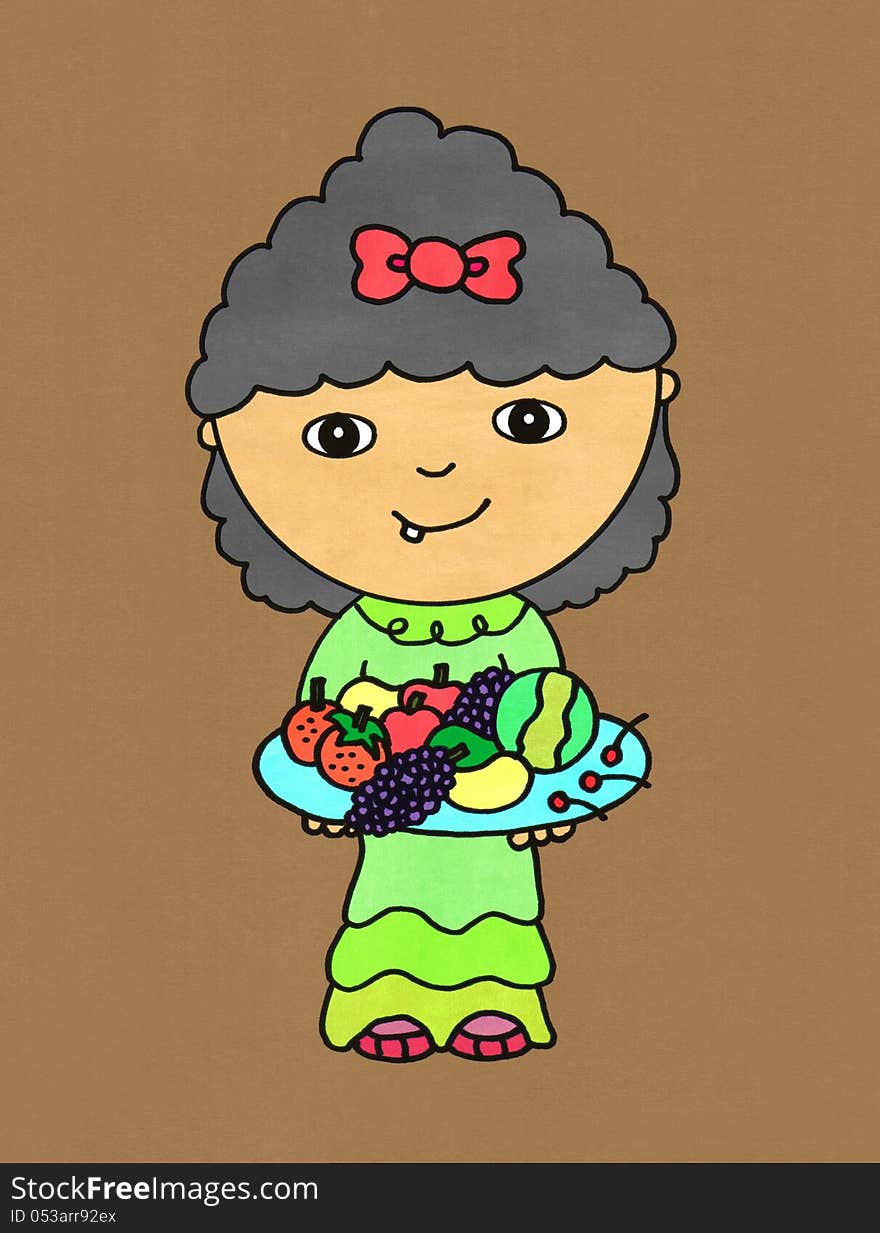 An illustration of a cute young girl holding a plate full of different kinds of fruits. An illustration of a cute young girl holding a plate full of different kinds of fruits