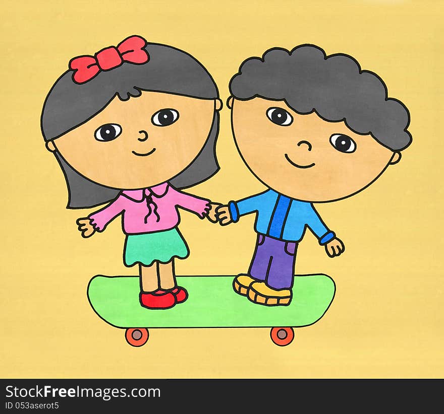 Cute illustration of a young couple holding hands on a skateboard. Cute illustration of a young couple holding hands on a skateboard