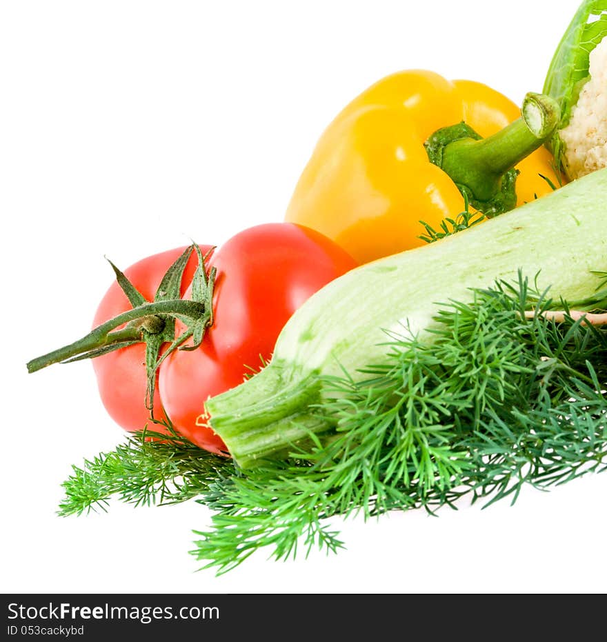 Vegetable Marrow, Two Tomatoes And Pepper, Lie On A Dill On Whit