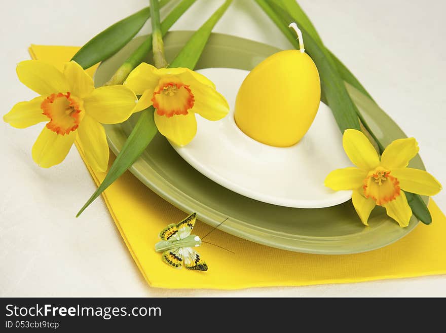 Easter composition with spring flowers and plate for eggs. Easter composition with spring flowers and plate for eggs