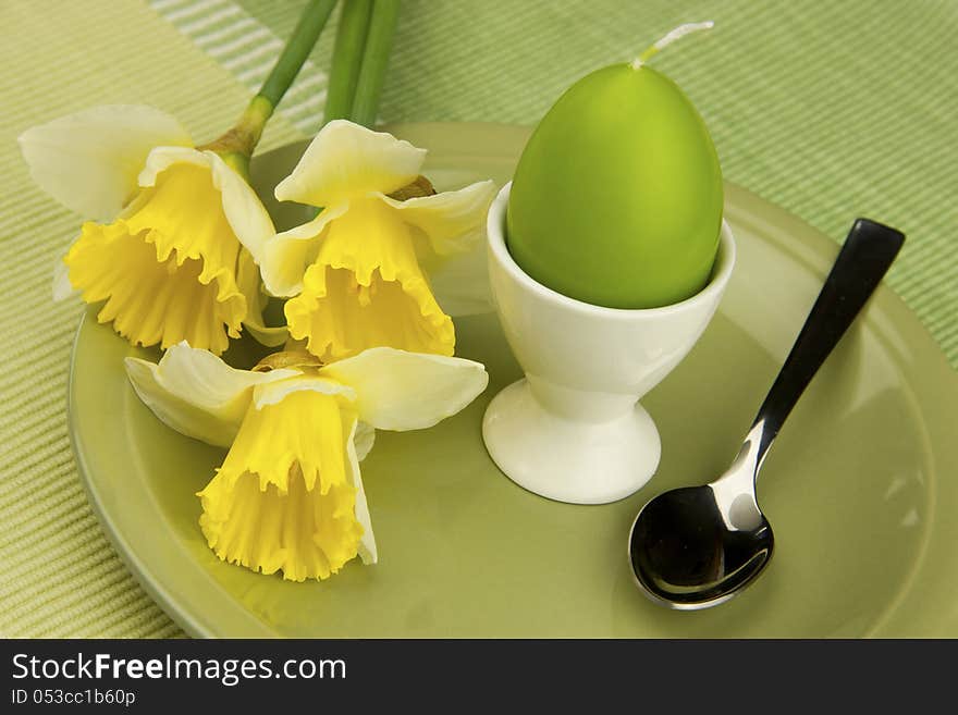 Easter still life with spring flowers and dishes for eggs. Easter still life with spring flowers and dishes for eggs