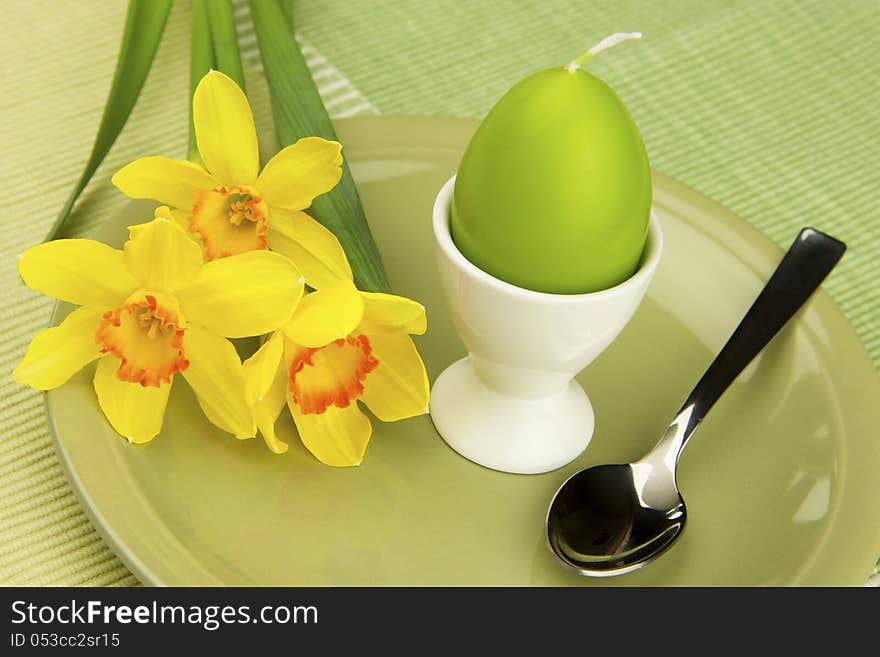 Easter still life with dishes for eggs