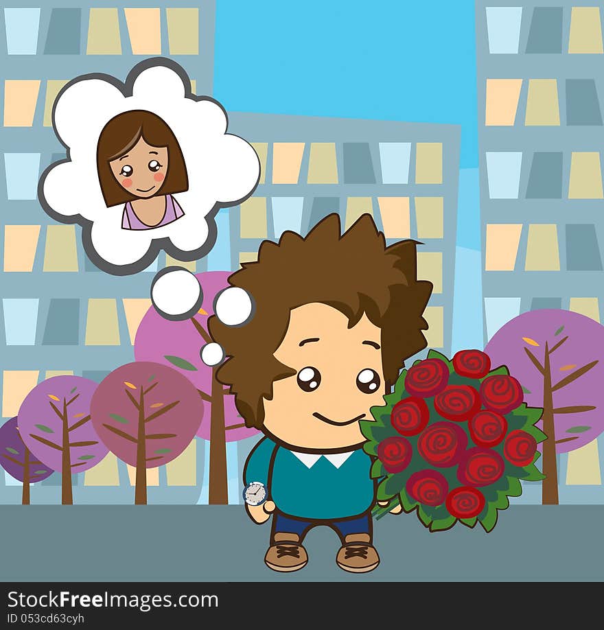 Young man with a bouquet of flowers waiting for a girl. Young man with a bouquet of flowers waiting for a girl