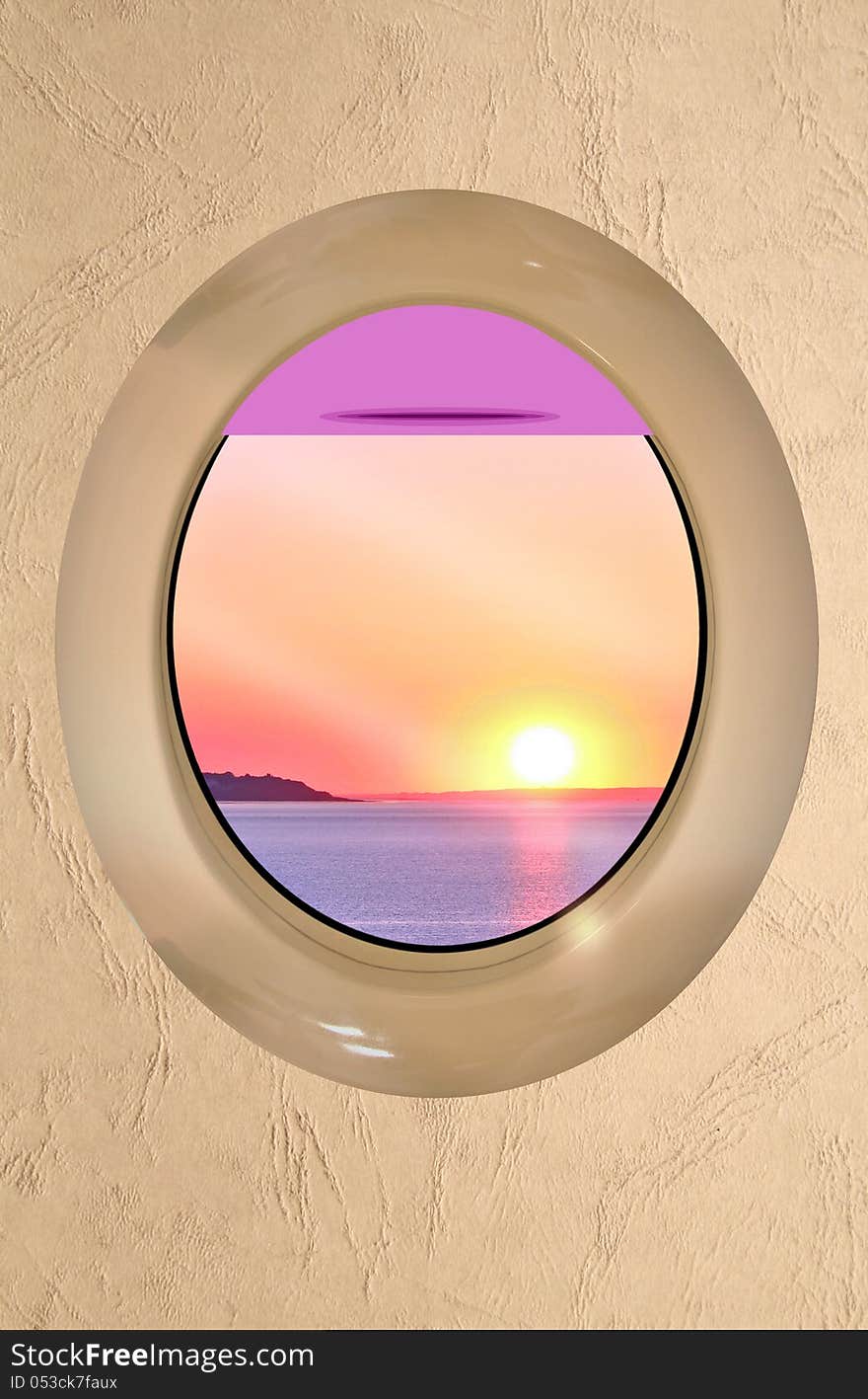 Photo composition of a ship or aeroplane porthole arriving at its holiday destination showing a beautiful sunset/sunrise scene over the ocean. Photo composition of a ship or aeroplane porthole arriving at its holiday destination showing a beautiful sunset/sunrise scene over the ocean.