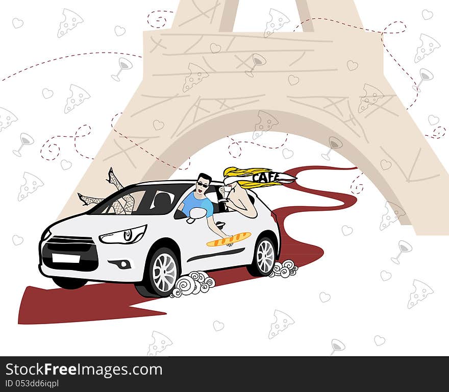 Illustration of car, travel and people. France drive.