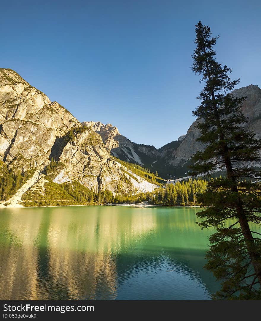 Tranquil summer Italian dolomites mountain lake