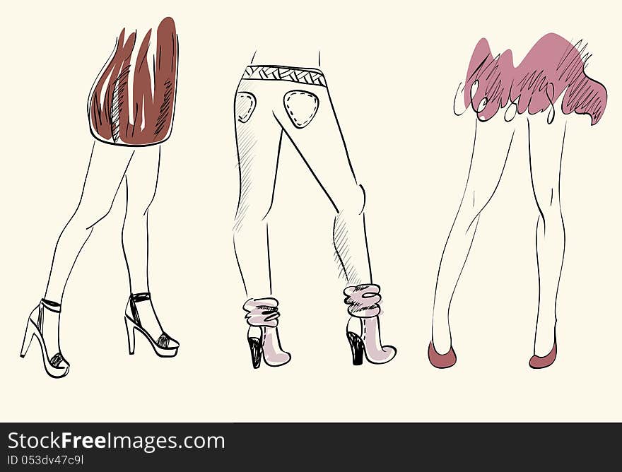 Three girls in fashionable shoes. Hand-drawn illustration. Three girls in fashionable shoes. Hand-drawn illustration.