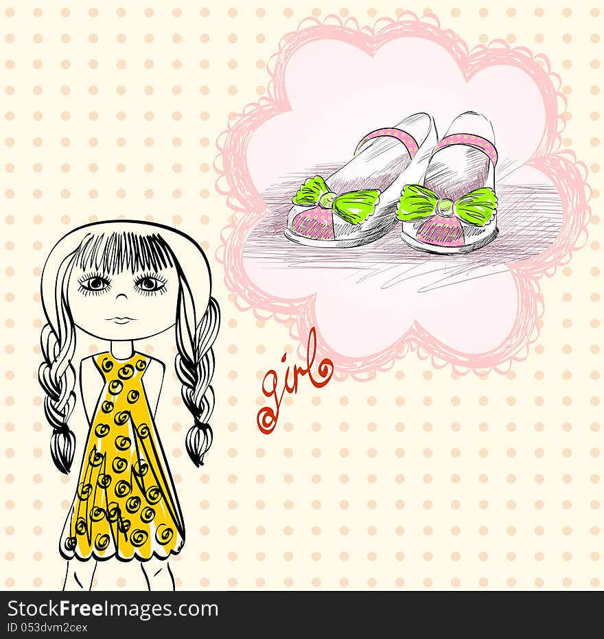 Little girl dreams of a beautiful fashion shoes. Little girl dreams of a beautiful fashion shoes