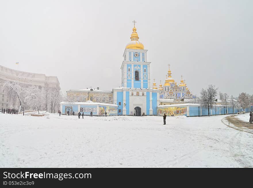 Gold domes of temples during the winter period among snow. Gold domes of temples during the winter period among snow