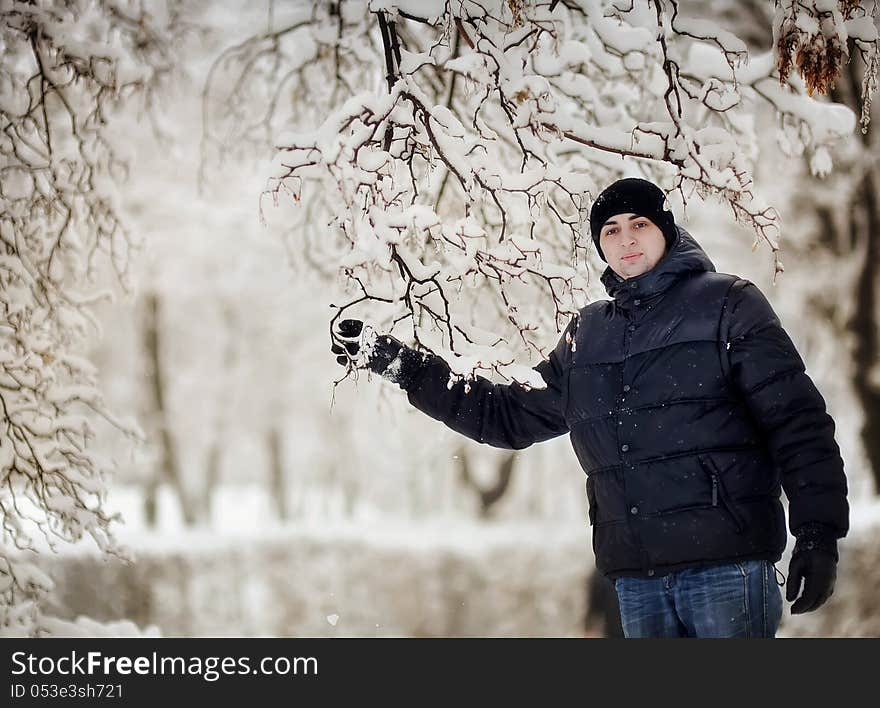 Winter walk on the nature among trees and strong snow. Winter walk on the nature among trees and strong snow