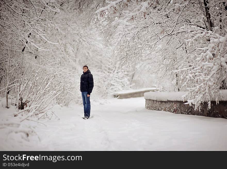 Winter walk on the nature among trees and strong snow. Winter walk on the nature among trees and strong snow