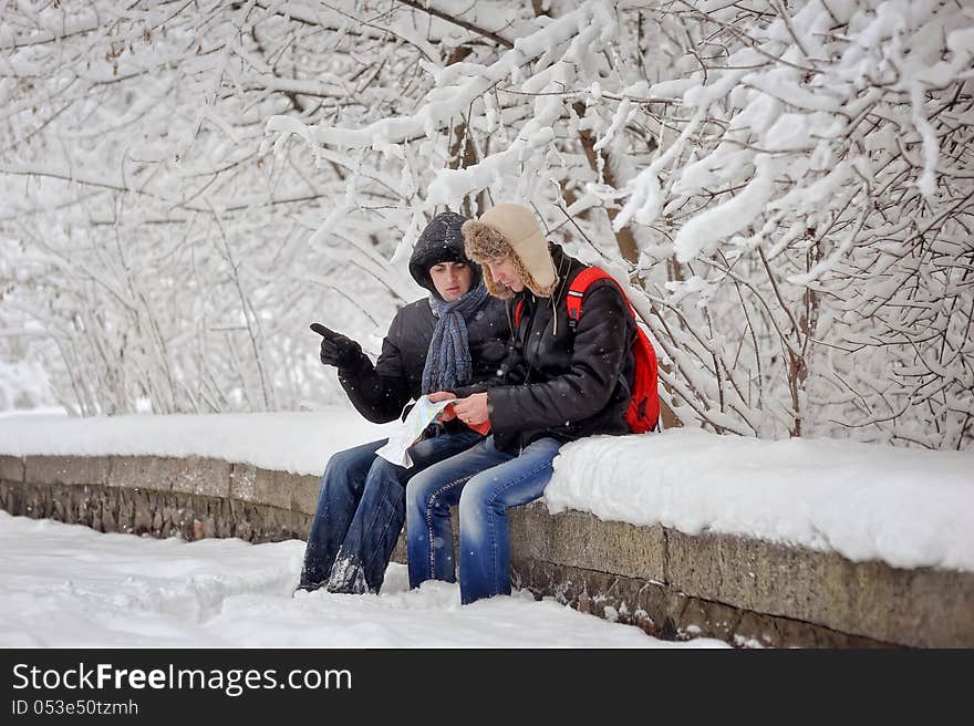 Winter walk on the nature among trees and strong snow. Winter walk on the nature among trees and strong snow