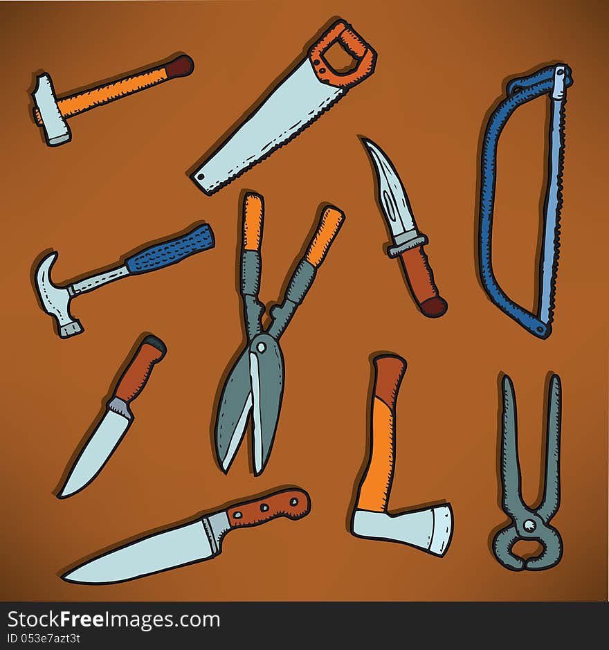 Vector hand drawn illustration of colorful tools. Vector hand drawn illustration of colorful tools