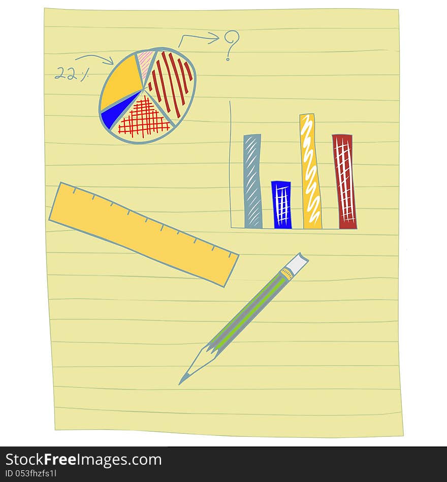 Bar chart and pie chart on note paper in doodle style