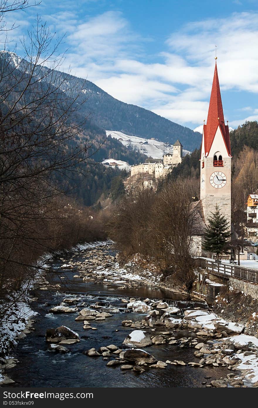 Church with a bell tower on the river Ahr