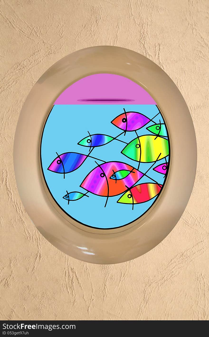 Composition photo of a porthole looking out to multi coloured neon fish swimming by. Composition photo of a porthole looking out to multi coloured neon fish swimming by.