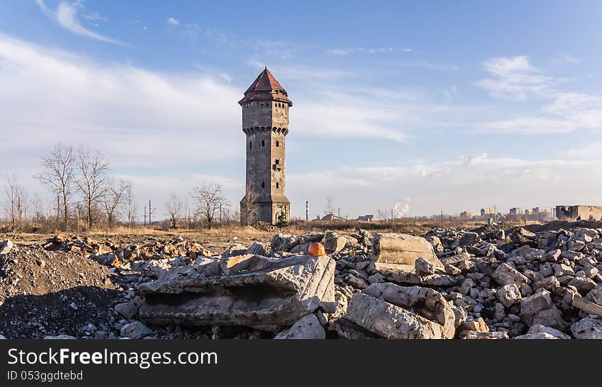 Industrial landscape with devastated water tower in former Uthemann Ironworks in Katowice, Silesia region, Poland