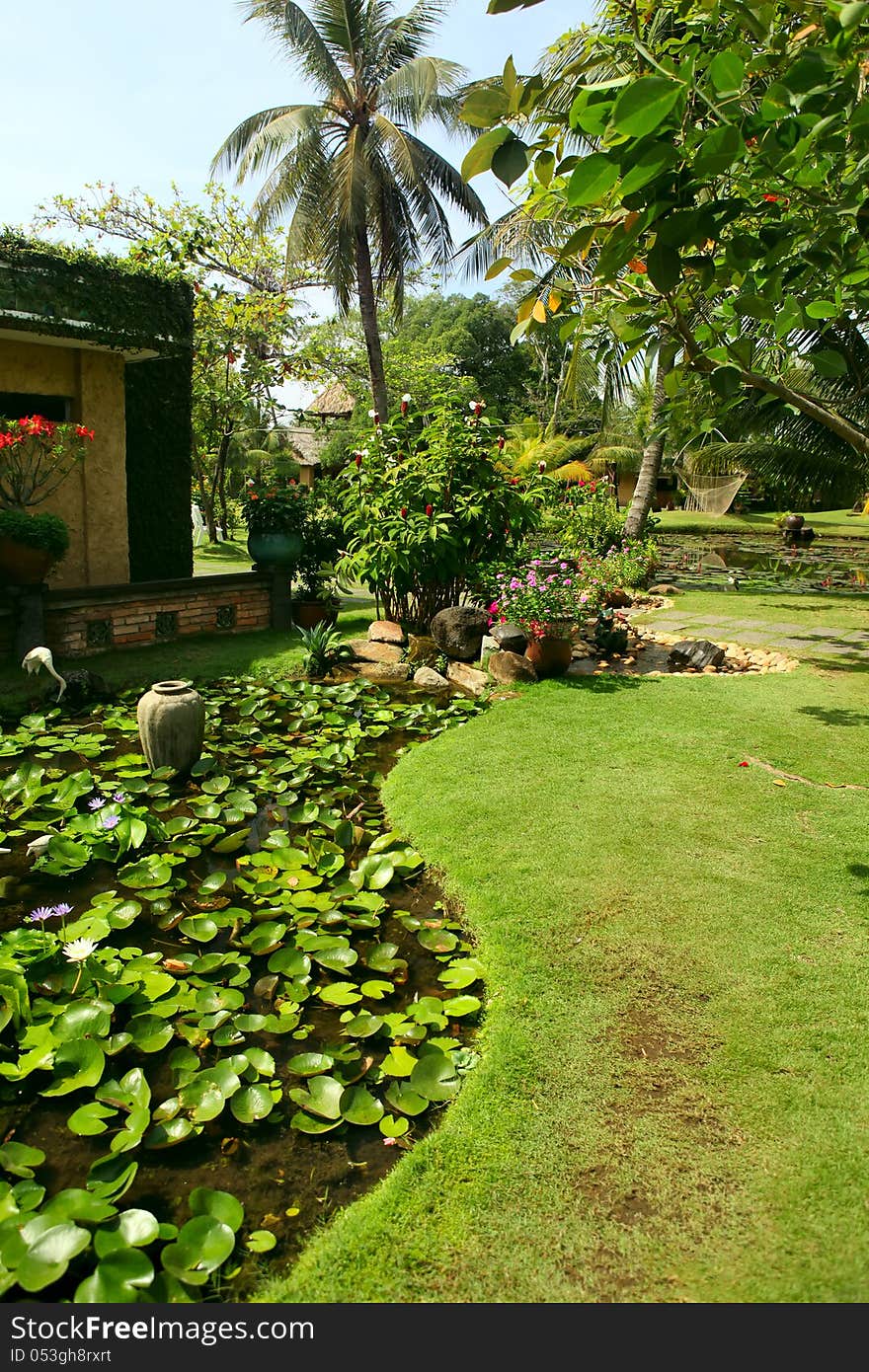 Beautiful tropical garden at luxury resort. Vietnam