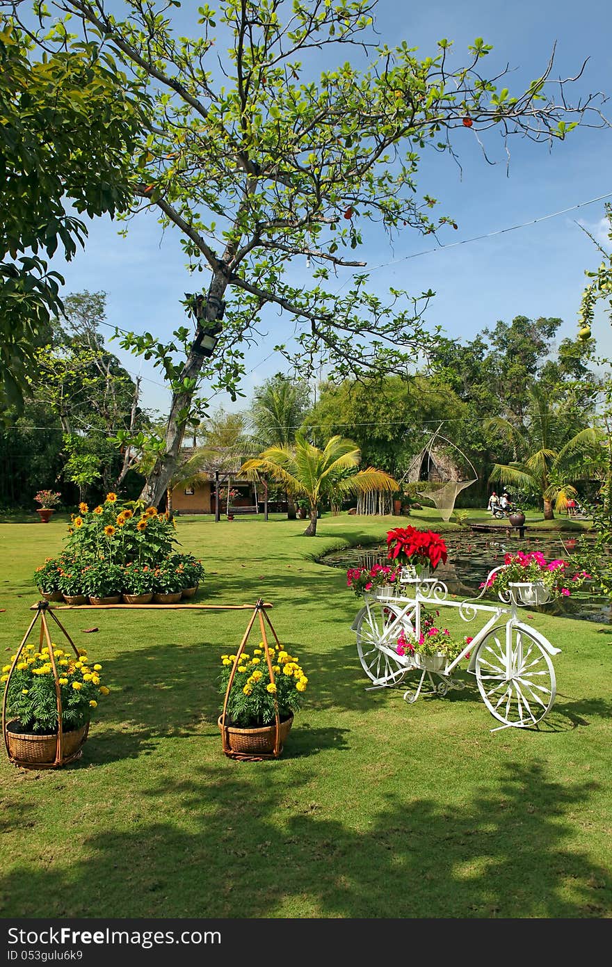 Beautifully manicured park garden in tropics. Vietnam