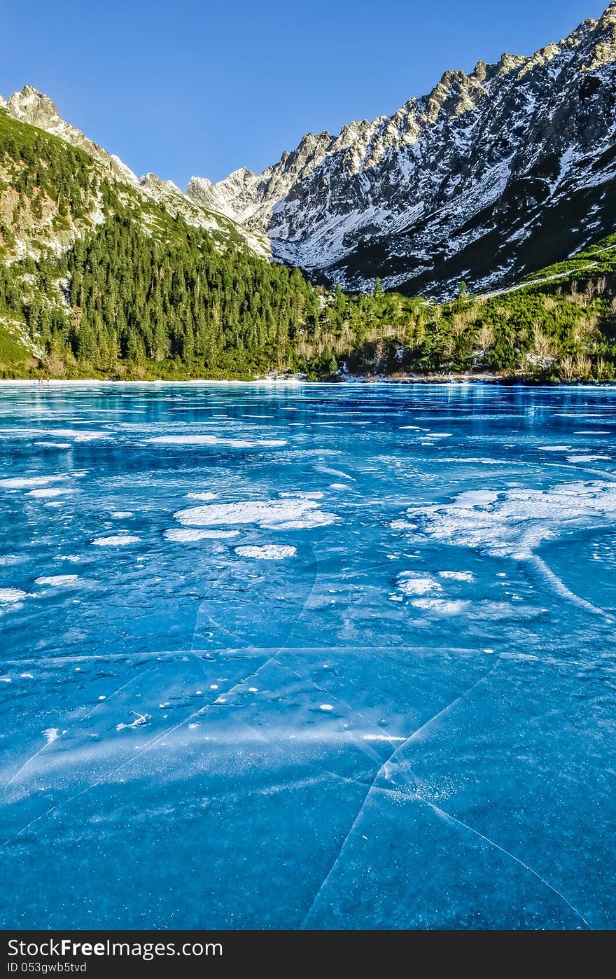 Mountain ice lake with cracked textured ice