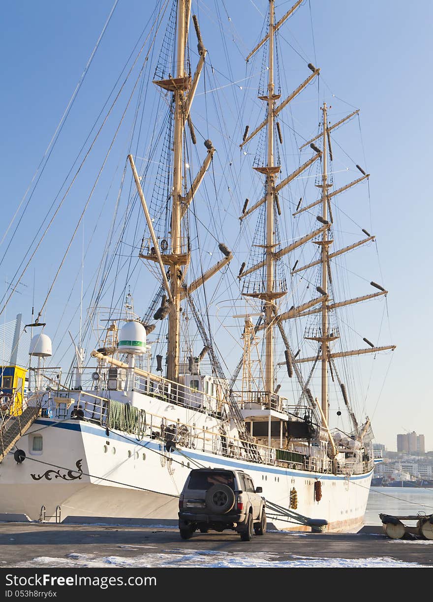 The sailing vessel is put at the mooring after long voyage. The sailing vessel is put at the mooring after long voyage