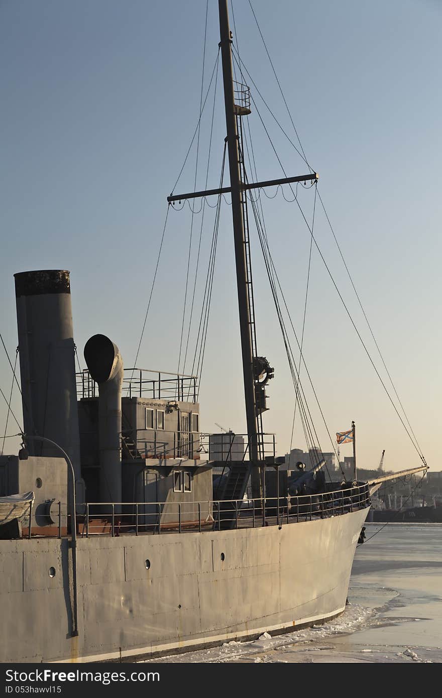 The ship costs on the mooring in a freezing bay. The ship costs on the mooring in a freezing bay