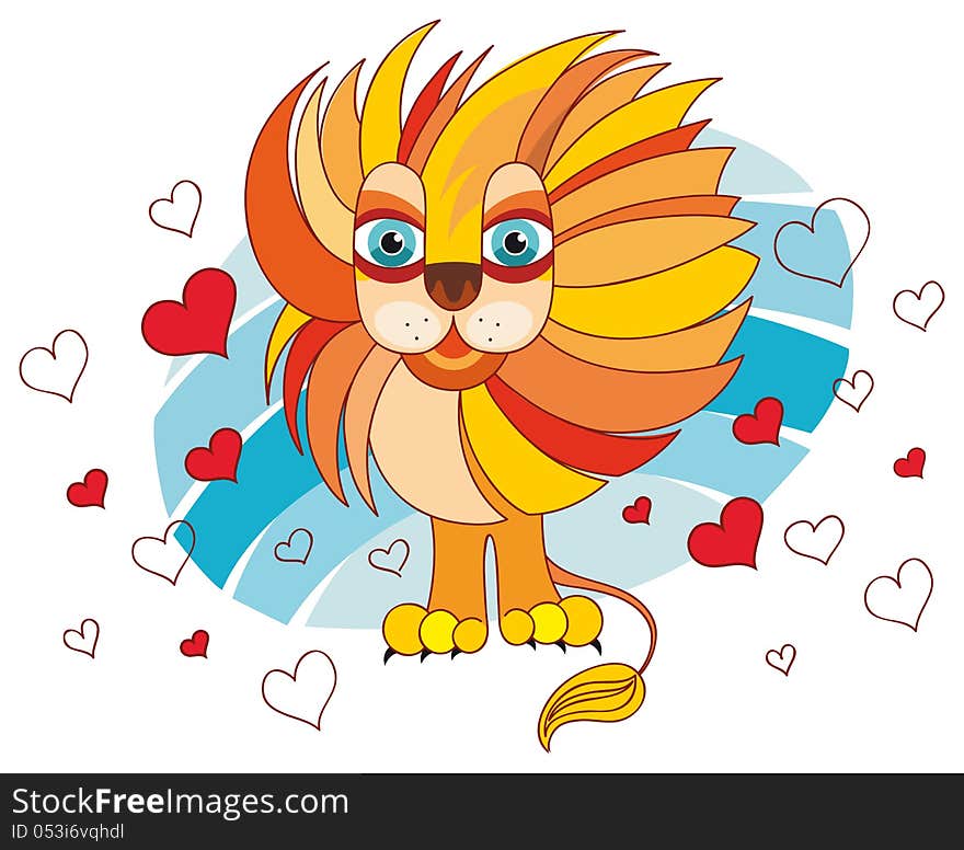 Lion in love with hearts around. Lion in love with hearts around