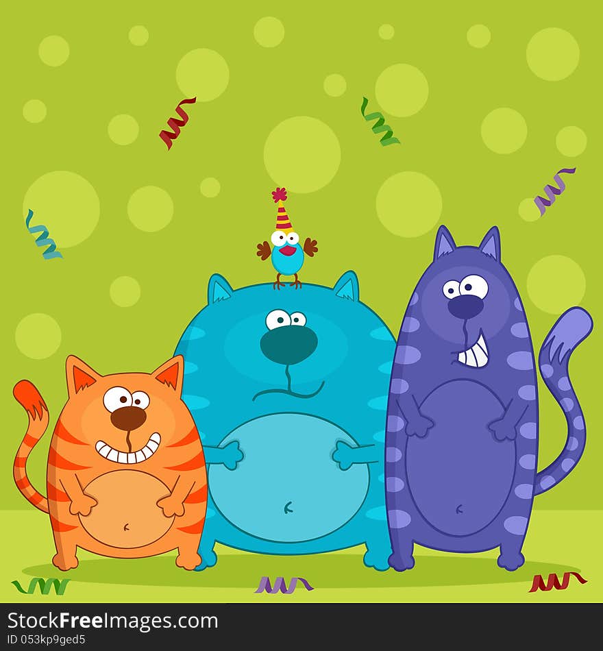 Funny Cats And Bird Vector