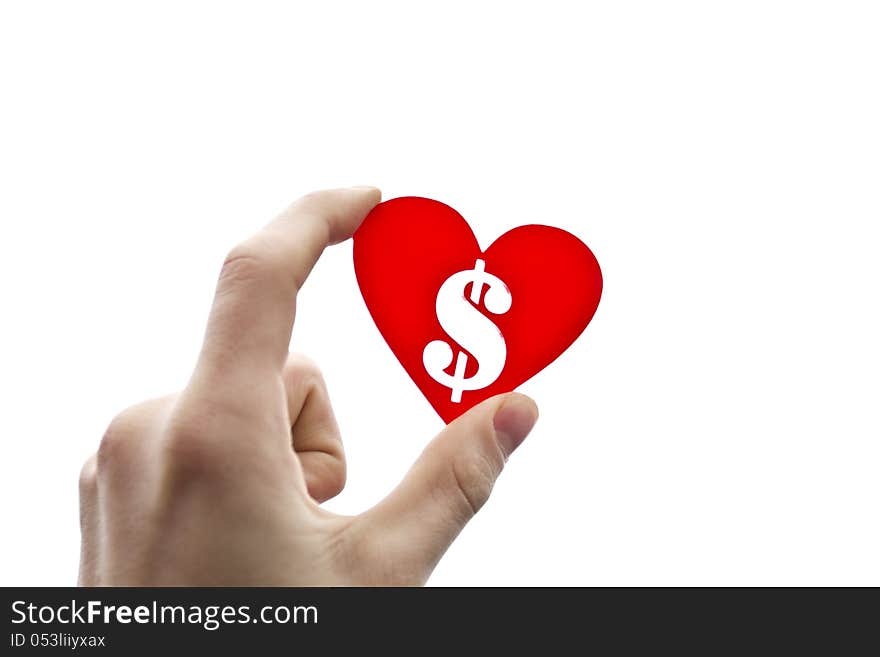 Hand holding red heart shape with a dollar sign inside. Hand holding red heart shape with a dollar sign inside.