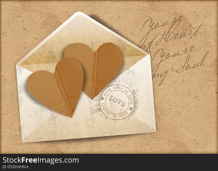 Vintage valentine background  with envelope and hearts. Vintage valentine background  with envelope and hearts