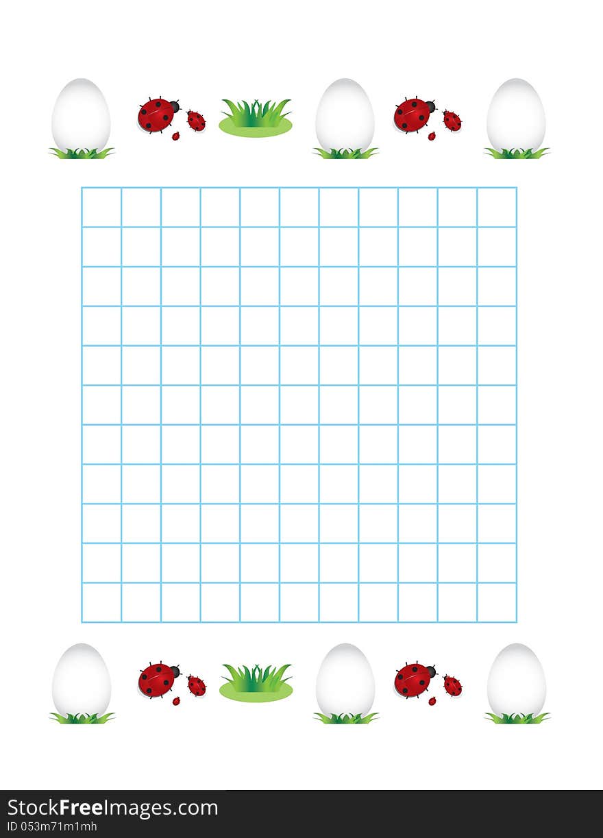 Sheet in a cage with ladybirds and eggs. Happy easter background.