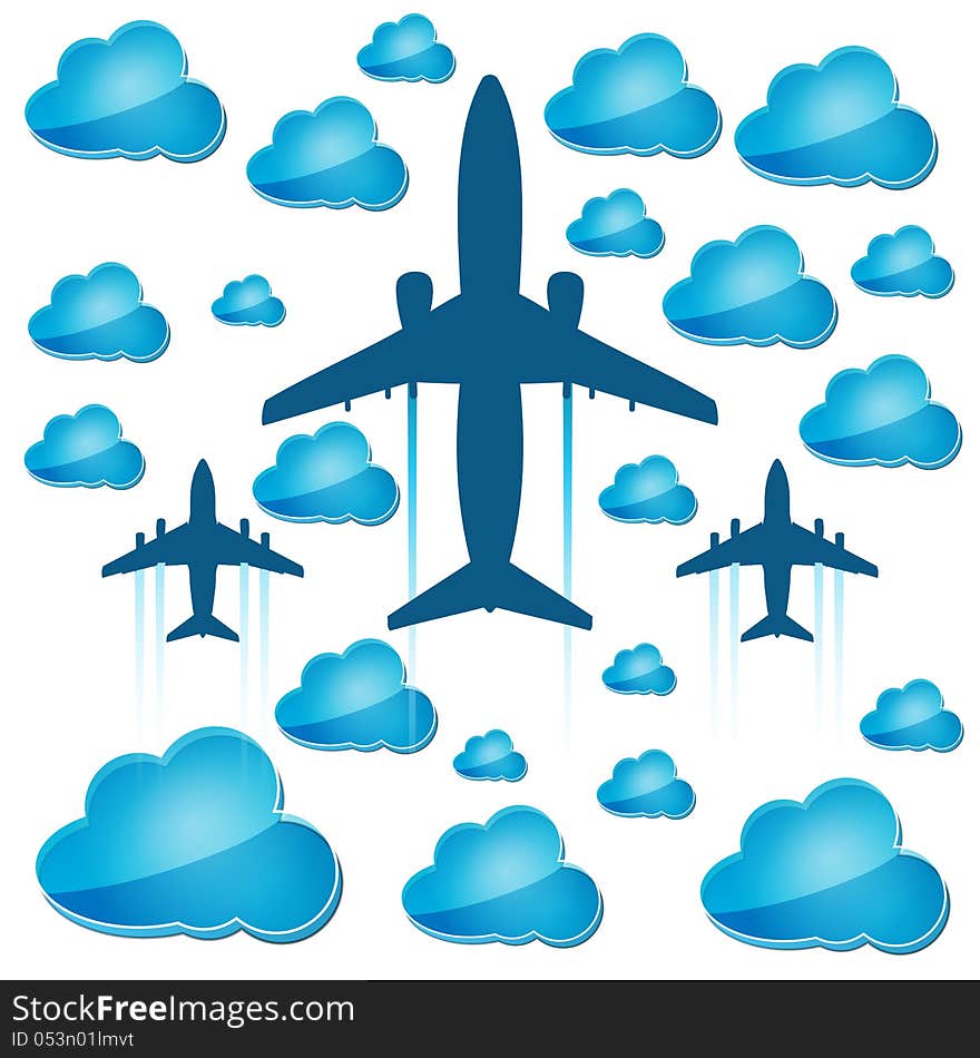 Silhouettes of airplanes with blue clouds