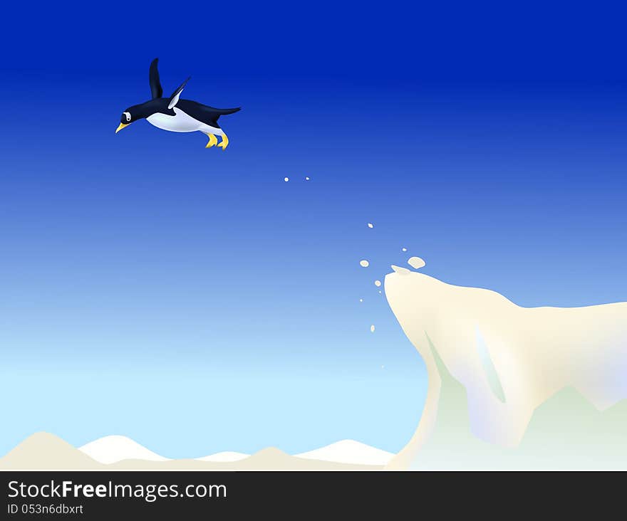 Penguin jump from ice mountain