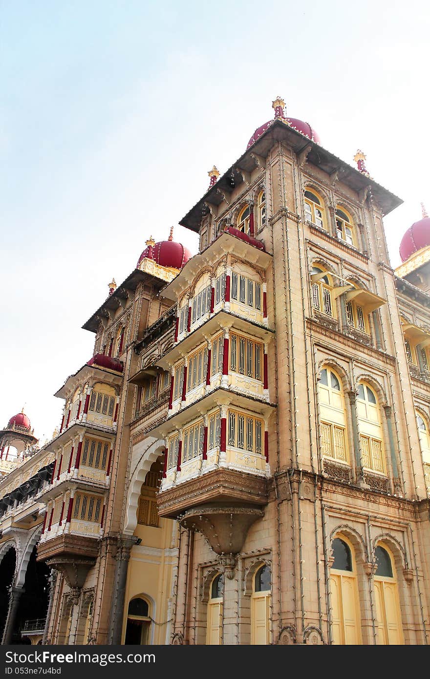 Part of mysore palace building with windows & doors in indo-saracenic style. The palace is a historic monument located in mysore in south karnataka, India and is a huge tourist attraction. Part of mysore palace building with windows & doors in indo-saracenic style. The palace is a historic monument located in mysore in south karnataka, India and is a huge tourist attraction.