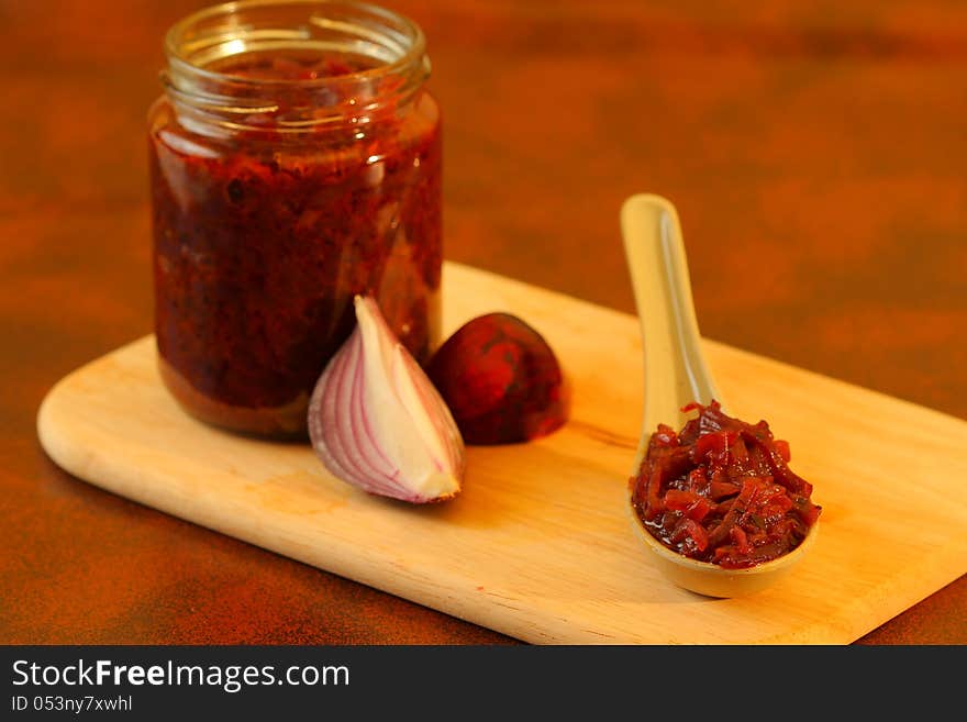 Homemade red onions chutney with cinnamon and Porto wine. Homemade red onions chutney with cinnamon and Porto wine