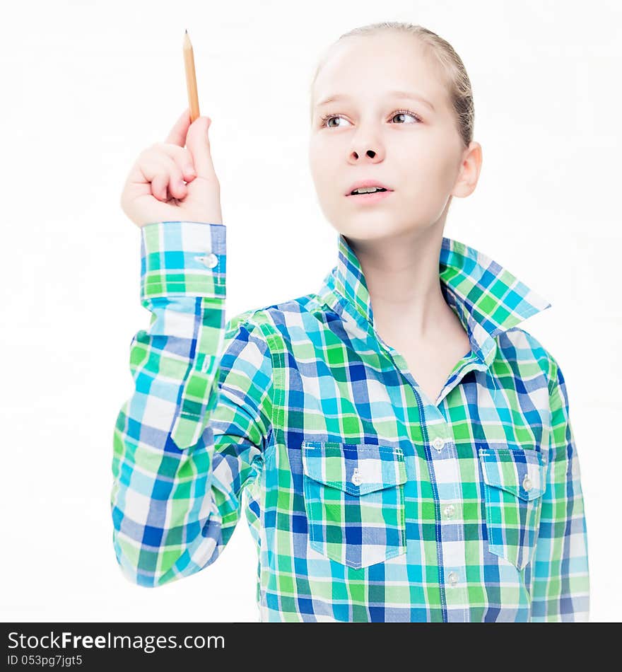 Young beautiful girl educating with a pencil