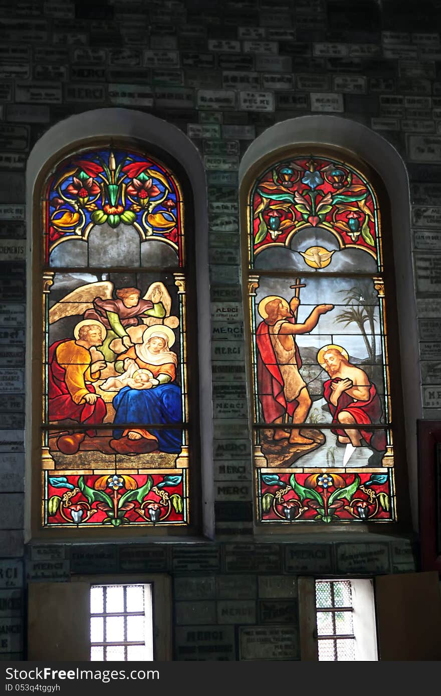 Catholic stained glass window from church.