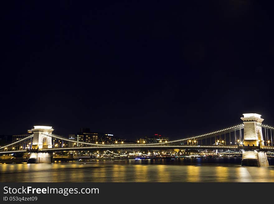 The Chain Bridge and Danube river in Budapest at night, Hungary.