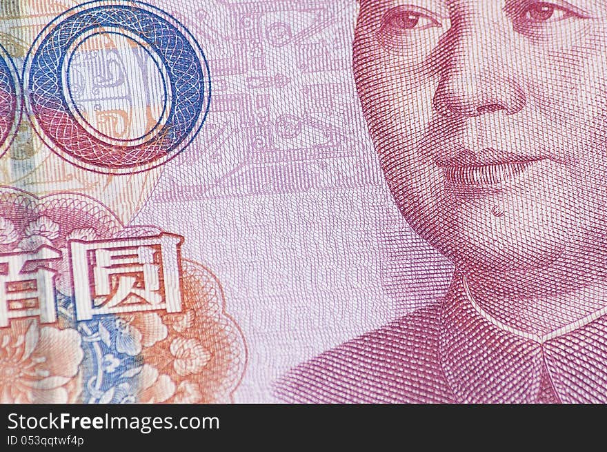 Cropped Macro Close-up of Chinese RMB 100 Yuan Banknote Chairman Mao Zedong. Cropped Macro Close-up of Chinese RMB 100 Yuan Banknote Chairman Mao Zedong